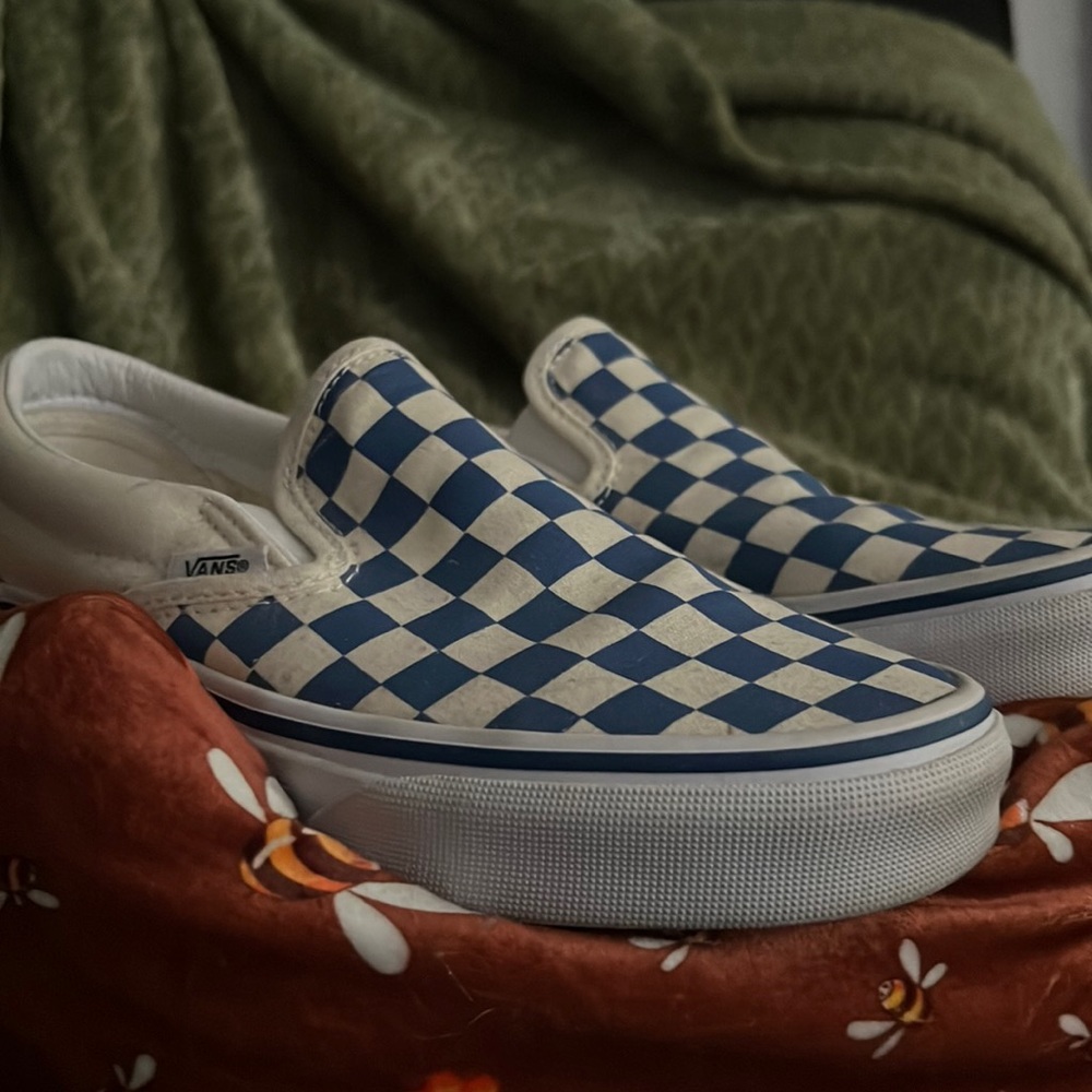 Blue & Cream Checkered Slip On Vans